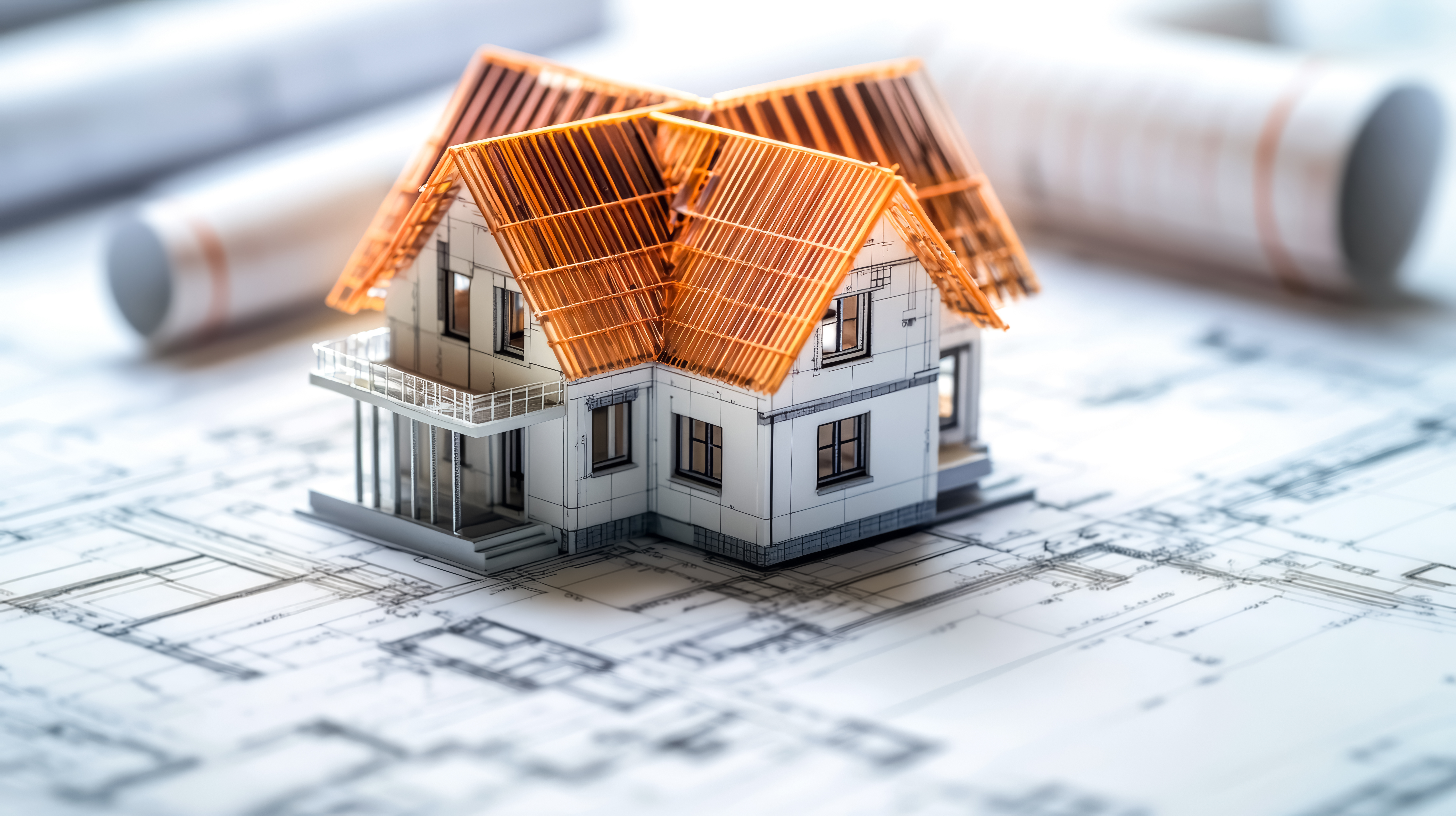Modell eines Hauses mit orangefarbenem Dach auf einem Architekturplan, umgeben von gerollten Bauplänen.